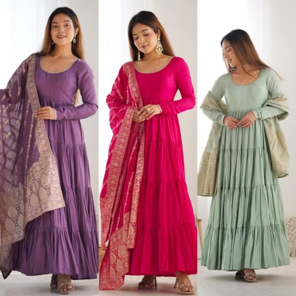Pure Roman Silk Chanderi Anarkali Set