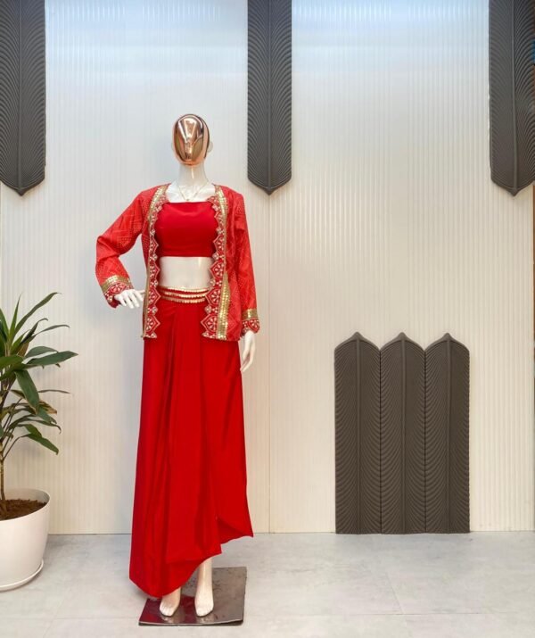 Stylish Red Three-Piece Western Outfit – Perfect for Trendy Wedding Season - Image 2